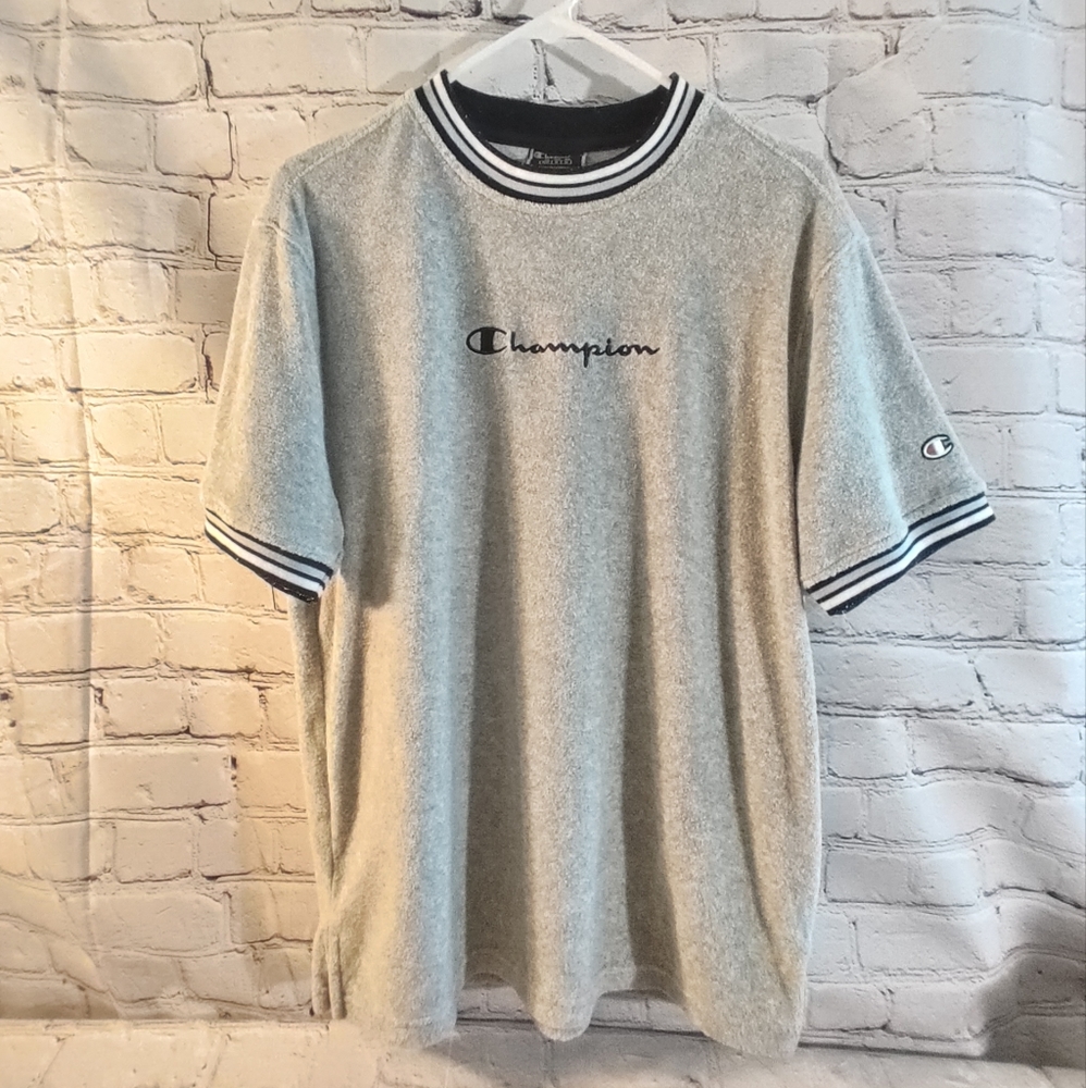 Champion Mens Ringer Fuzzy Shirt Medium Gray Terry Cloth Y2K